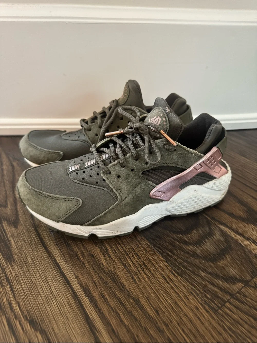 Women’s Olive Green Nike Air Huarache sneakers with Rose Gold Accents